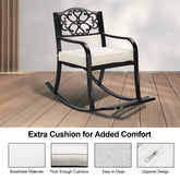 HAOYYE Metal Rocking Chair with Cushion and Footrest, Outdoor Patio Rocker Bench with Weatherproof Cast Iron Frame, Elegant Floral Backrest Rocking Seat for Garden, Porch, Deck, or Lawn Relaxation
